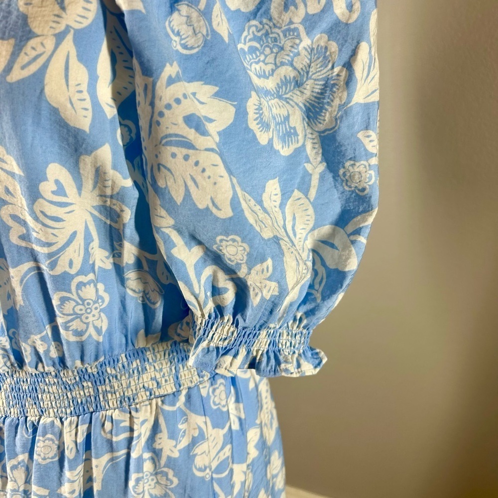 Ann Taylor Off The Shoulder Puff Sleeves Blue & White Floral Summer Dress Size L - Picture 2 of 10